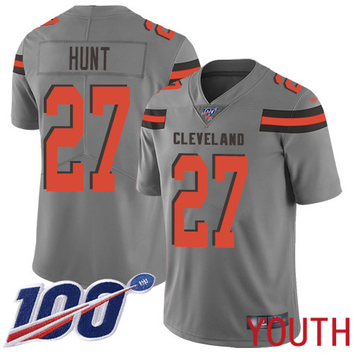 Cleveland Browns Kareem Hunt Youth Gray Limited Jersey #27 NFL Football 100th Season Inverted Legend